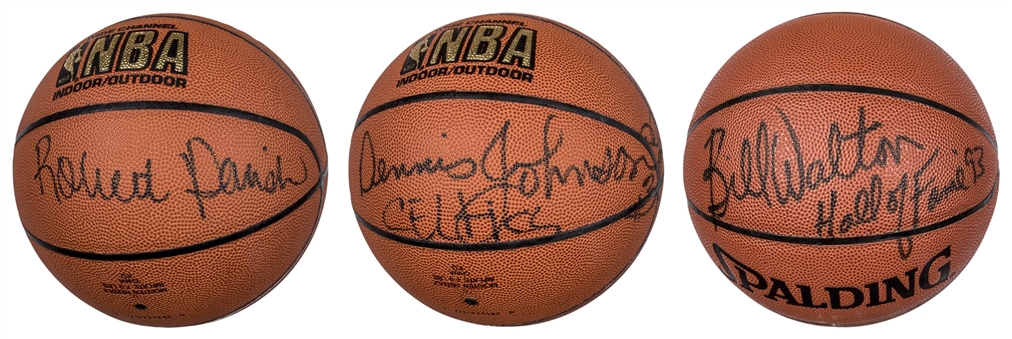 1985-86 Boston Celtics NBA Champions Single Signed Collection of (3) Basketballs Including Parrish, Johnson and Walton (JSA) 